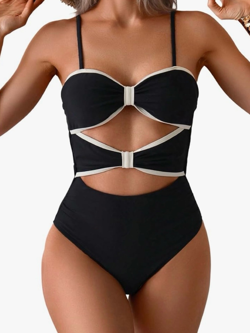Black Cutout One-Piece Swimsuit with Cream Trim